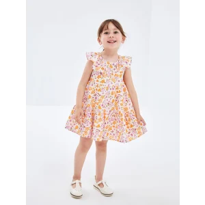 LCW Kids Ekru Kare Yaka Kolsuz Çiçek Desenli Kız Bebek Elbise