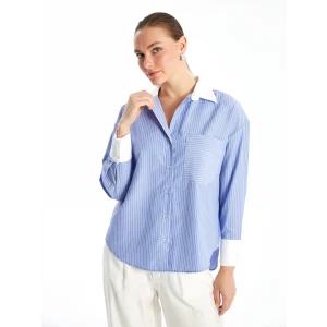 LCW Vision Mavi Çizgili Uzun Kollu Oversize Kadın Gömlek