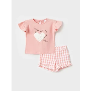 LCW baby Pembe Bisiklet Yaka Kısa Kollu Baskılı Kız Bebek Tişört ve Şort 2li Takım