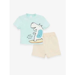 LCW baby Turkuaz Bisiklet Yaka Baskılı Erkek Bebek Tişört ve Şort 2li Takım