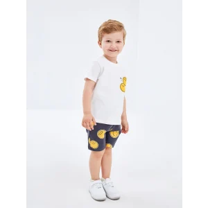 LCW Kids Ekru Bisiklet Yaka Kısa Kollu Baskılı Erkek Bebek Tişört ve Şort 2li Takım