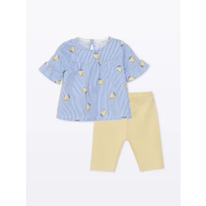 LCW baby Mavi Bisiklet Yaka Çizgili Kız Bebek Bluz ve Tayt 2li Takım