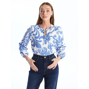 LCWAIKIKI Classic Lacivert Bağlamalı Yaka Çiçekli Uzun Kollu Kadın Bluz