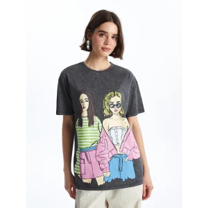 XSIDE Antrasit Bisiklet Yaka Baskılı Kısa Kollu Kadın Tişört