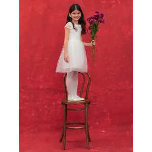 LCW Kids Beyaz Bisiklet Yaka Kısa Kollu Kız Çocuk Tül Elbise