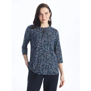 LCW Grace Lacivert Bağlamalı Yaka Desenli Kadın Tişört