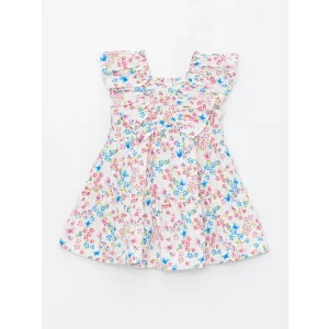 LCW Kids Ekru V Yaka Kısa Kollu Çiçekli Kız Bebek Elbise