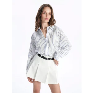 LCW Vision Beyaz Çizgili Uzun Kollu Oversize Kadın Gömlek