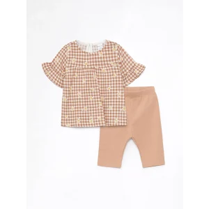 LCW baby Ekru Bisiklet Yaka Çiçek Desenli Kız Bebek Bluz ve Tayt 2li Takım