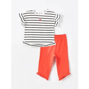 LCW Kids Ekru Bisiklet Yaka Kısa Kollu Çizgili Kız Bebek Bluz ve Tayt 2li Takım