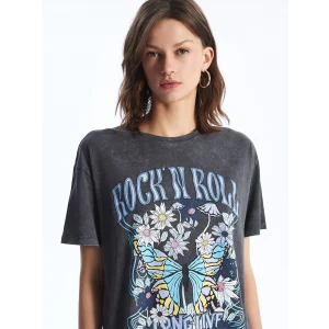 XSIDE Antrasit Bisiklet Yaka Baskılı Kısa Kollu Kadın Tişört