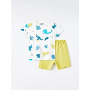 LCW Kids Ekru Bisiklet Yaka Kısa Kollu Baskılı Erkek Bebek Tişört ve Şort 2li Takım