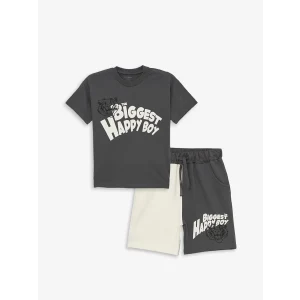 LCW Kids Gri Bisiklet Yaka Kısa Kollu Baskılı Erkek Bebek Tişört ve Şort 2li Takım