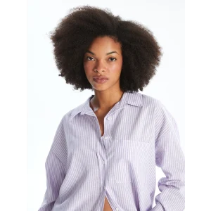 XSIDE Lila Çizgili Uzun Kollu Oversize Keten Karışımlı Kadın Gömlek