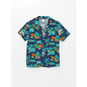 LCW Kids Lacivert Resort Yaka Kısa Kollu Baskılı Erkek Bebek Gömlek