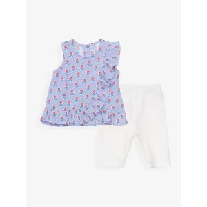 LCW baby Mavi Bisiklet Yaka Kolsuz Baskılı Kız Bebek Bluz ve Pantolon 2li Takım