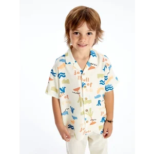 LCW Kids Bej Kısa Kollu Baskılı Erkek Bebek Gömlek