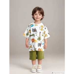 LCW Kids Ekru Bisiklet Yaka Baskılı Erkek Bebek Tişört ve Şort 2li Takım