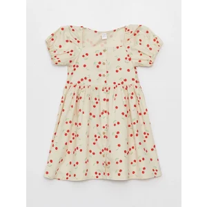LCW Kids Ekru Kare Yaka Desenli Kız Bebek Elbise