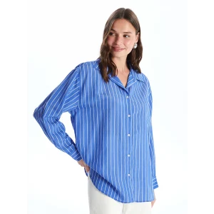 LCW Vision Mavi Çizgili Uzun Kollu Oversize Kadın Gömlek