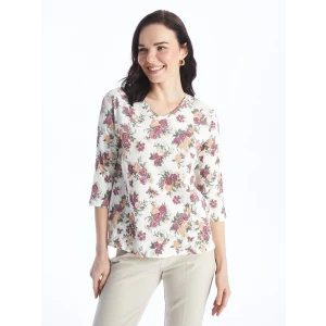 LCW Grace Beyaz V Yaka Çiçekli Kadın Bluz