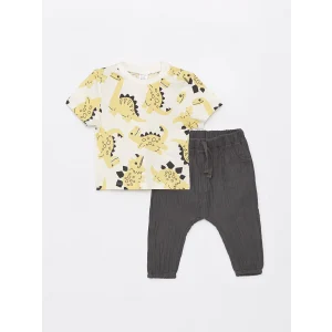 LCW baby Ekru Bisiklet Yaka Erkek Bebek Tişört ve Pantolon 2li Takım