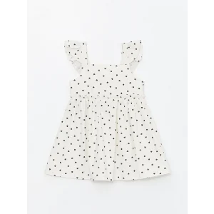 LCW Kids Ekru Kare Yaka Kolsuz Baskılı Kız Bebek Elbise