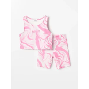 LCW Kids Pembe Bisiklet Yaka Batik Desenli Kız Çocuk Atlet ve Tayt