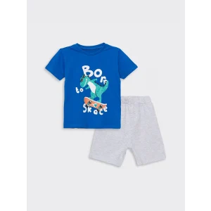 LCW Kids Mavi Bisiklet Yaka Baskılı Erkek Bebek Tişört ve Şort 2li Takım