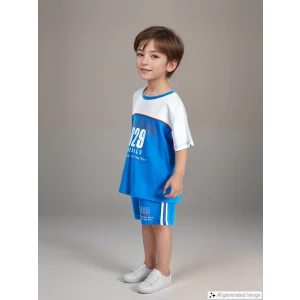 LCW Kids Mavi Bisiklet Yaka Kısa Kollu Baskılı Erkek Bebek Tişört ve Şort 2li Takım