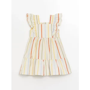 LCW Kids Ekru Kare Yaka Kolsuz Çizgili Kız Bebek Elbise