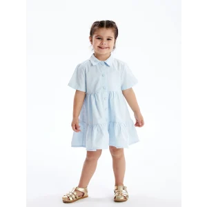 LCW Kids Mavi Gömlek Yaka Kısa Kollu Kız Bebek Elbise