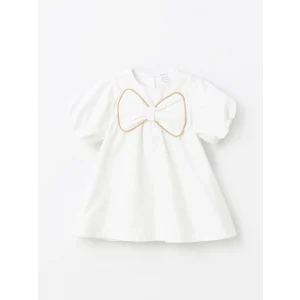 LCW Kids Ekru Bisiklet Yaka Kısa Kollu Kız Bebek Poplin Elbise