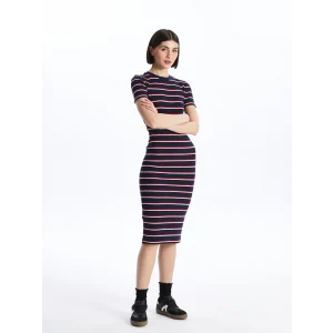 LCWAIKIKI Classic Lacivert Bisiklet Yaka Çizgili Kadın Elbise