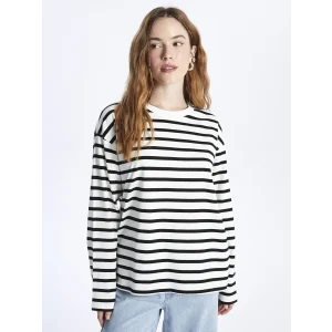XSIDE Ekru Bisiklet Yaka Çizgili Uzun Kollu Kadın Tişört