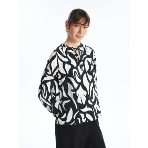 LCWAIKIKI Classic Siyah Bağlamalı Yaka Çiçekli Uzun Kollu Kadın Bluz