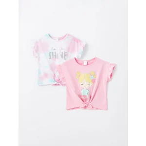 LCW Kids Pembe Bisiklet Yaka Baskılı Kısa Kollu Kız Bebek Tişört 2li