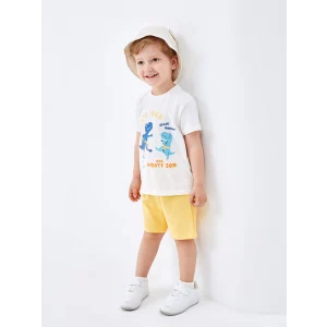 LCW Kids Ekru Bisiklet Yaka Baskılı Erkek Bebek Tişört ve Şort 2li Takım