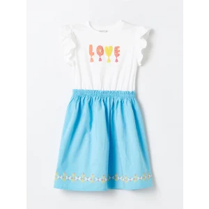 LCW Kids Ekru Bisiklet Yaka Baskılı Kısa Kollu Kız Çocuk Elbise