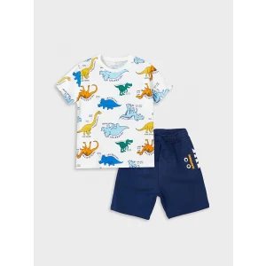 LCW Kids Ekru Bisiklet Yaka Kısa Kollu Baskılı Erkek Bebek Tişört ve Şort 2li Takım