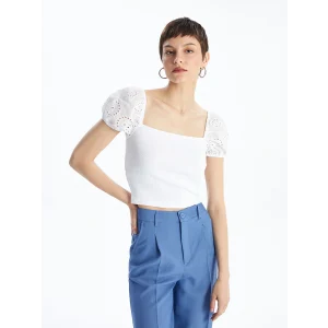 LCW Vision Beyaz Kare Yaka Düz Kısa Kollu Kadın Crop