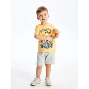 LCW Kids Turuncu Bisiklet Yaka Kısa Kollu Baskılı Erkek Bebek Tişört ve Şort 2li Takım