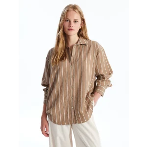 LCW Vision Kahverengi Çizgili Uzun Kollu Oversize Kadın Gömlek