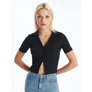 LCW Vision Siyah Polo Yaka Düz Kısa Kollu Kadın Bluz