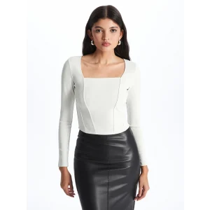 LCW Vision Bej Kare Yaka Düz Uzun Kollu Ottoman Kadın Bluz