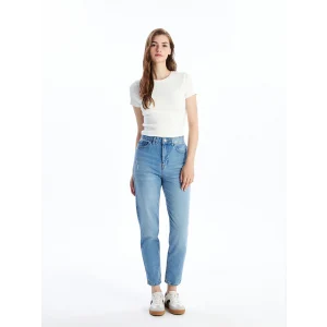 LCW Jeans Indigo Mom Fit Yırtık Detaylı Kadın Jean Pantolon