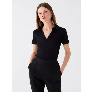 LCWAIKIKI Basic Siyah Polo Yaka Düz Kısa Kollu Kadın Tişört