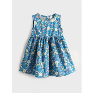 LCW Kids Mavi Bisiklet Yaka Çiçekli Poplin Kız Bebek Elbise
