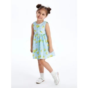 LCW Kids Mavi Bisiklet Yaka Çiçekli Poplin Kız Bebek Elbise