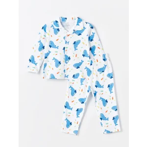LCW baby Ekru Polo Yaka Uzun Kollu Baskılı Erkek Bebek Pijama Takım